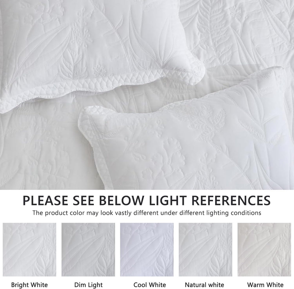 DaisyHuang Botanical Oversized Bedspread Queen Size - Leaves Pattern Stitching Quilt Set - Elegant & Fresh Style Bedding Coverlets, Reversible, Lightweight, 5 Piece, White