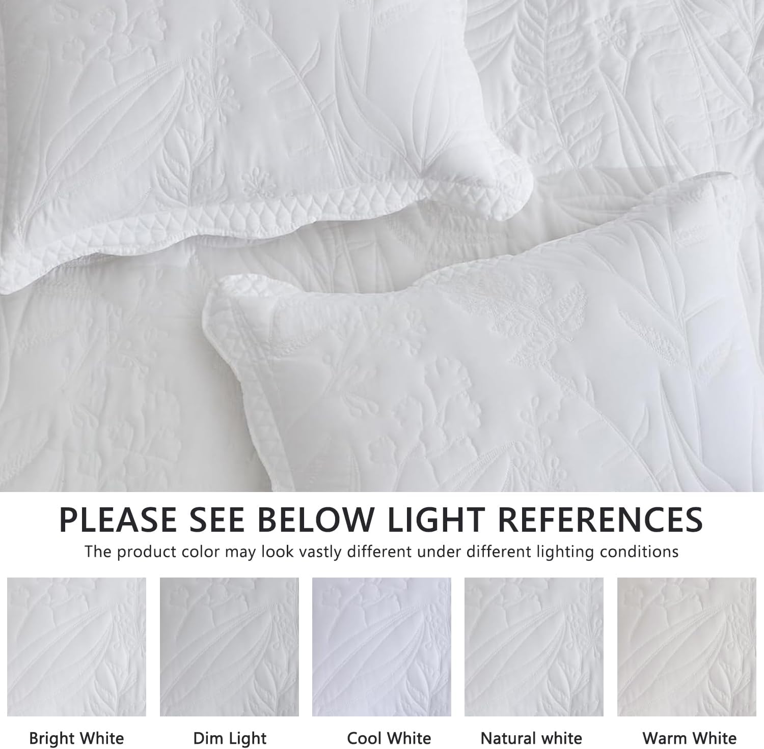 DaisyHuang Botanical Oversized Bedspread Queen Size - Leaves Pattern Stitching Quilt Set - Elegant & Fresh Style Bedding Coverlets, Reversible, Lightweight, 5 Piece, White