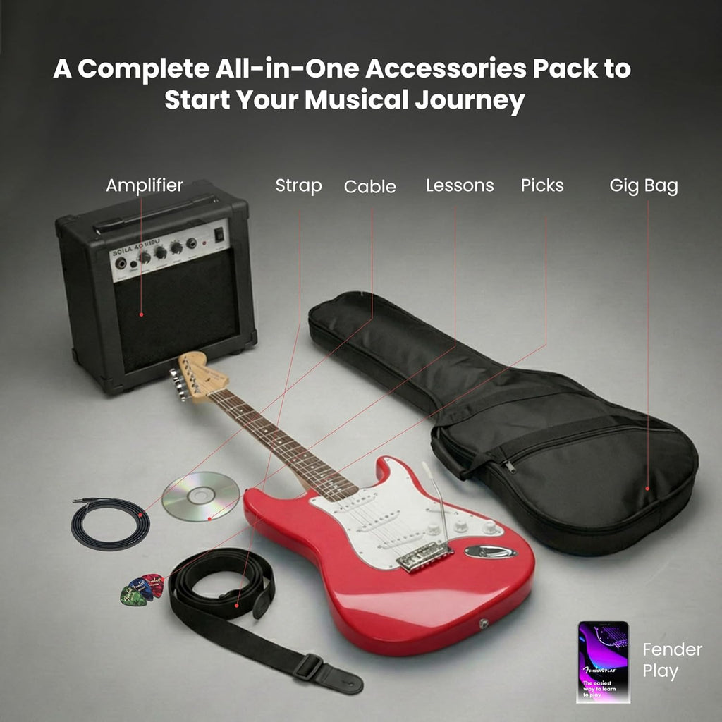 Fender Squier Stratocaster - Torino Red Bundle with Amplifier, Gig Bag, Strap, Instrument Cable, Picks, and Austin Bazaar Instructional DVD