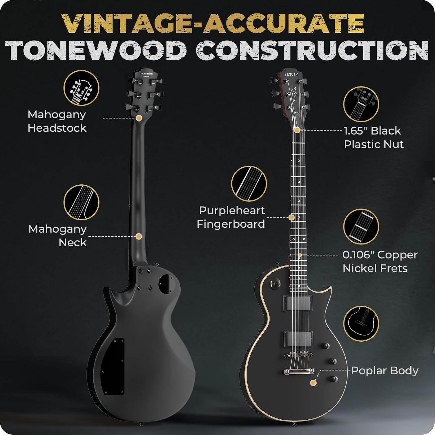 Fesley 39' LP Electric Guitar Kit: Full Size Solid Body Electric Guitars for Beginners with Humbucker Pickups, Poplar Body, Mahogany Neck,22 Frets,6 String Guitar with Gig Bag,Cable,FLP350,Matte,Black
