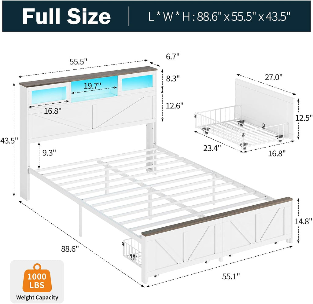 Yoobure Full Size Bed Frame with Headboard, Full Bed Frame with Charging Station, LED Beds with 2 Storage Drawers, Wood Farmhouse Bedframe, Noise-Free and No Box Spring Needed, White