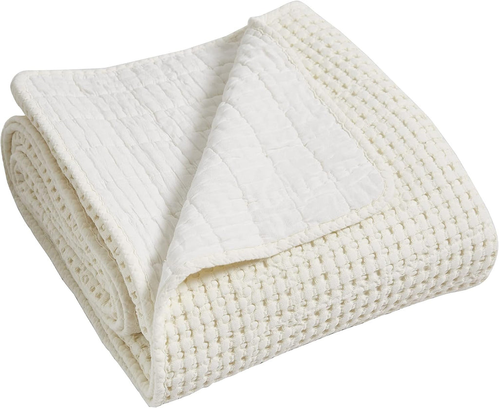 Levtex Home Mills Waffle King Bedspread Set (122x106in) with 2 Pillow Shams (36x20in) - Cream - Cotton Waffle King Size Bedspread Set - Soft, Pre-Washed