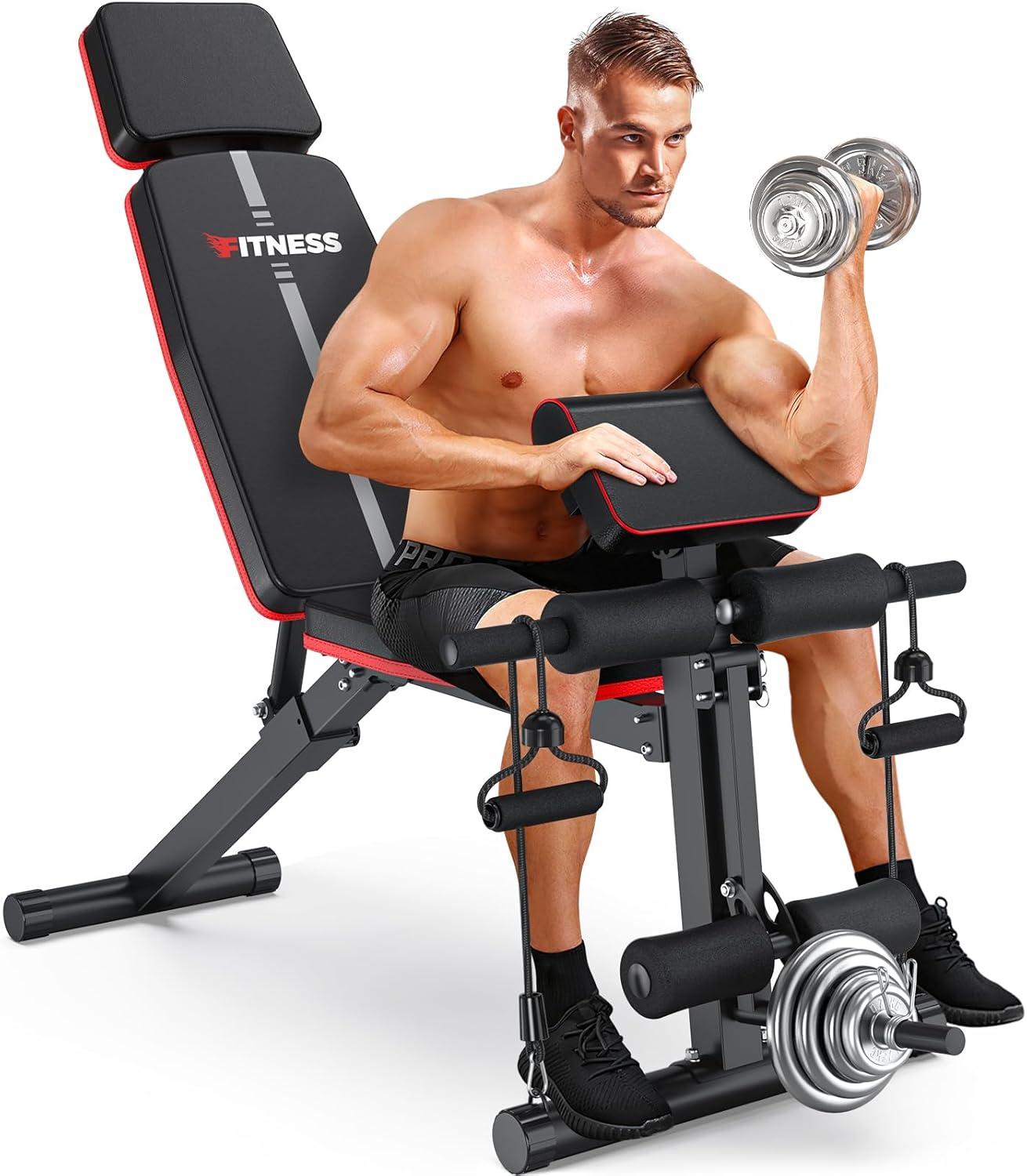 XDDIAS Adjustable Weight Bench, Workout Bench with Leg Extension and Preacher Curl Pad, Weight Bench for Home Gym, Foldable Exercise Bench, Quick Adjustment Incline Bench Press
