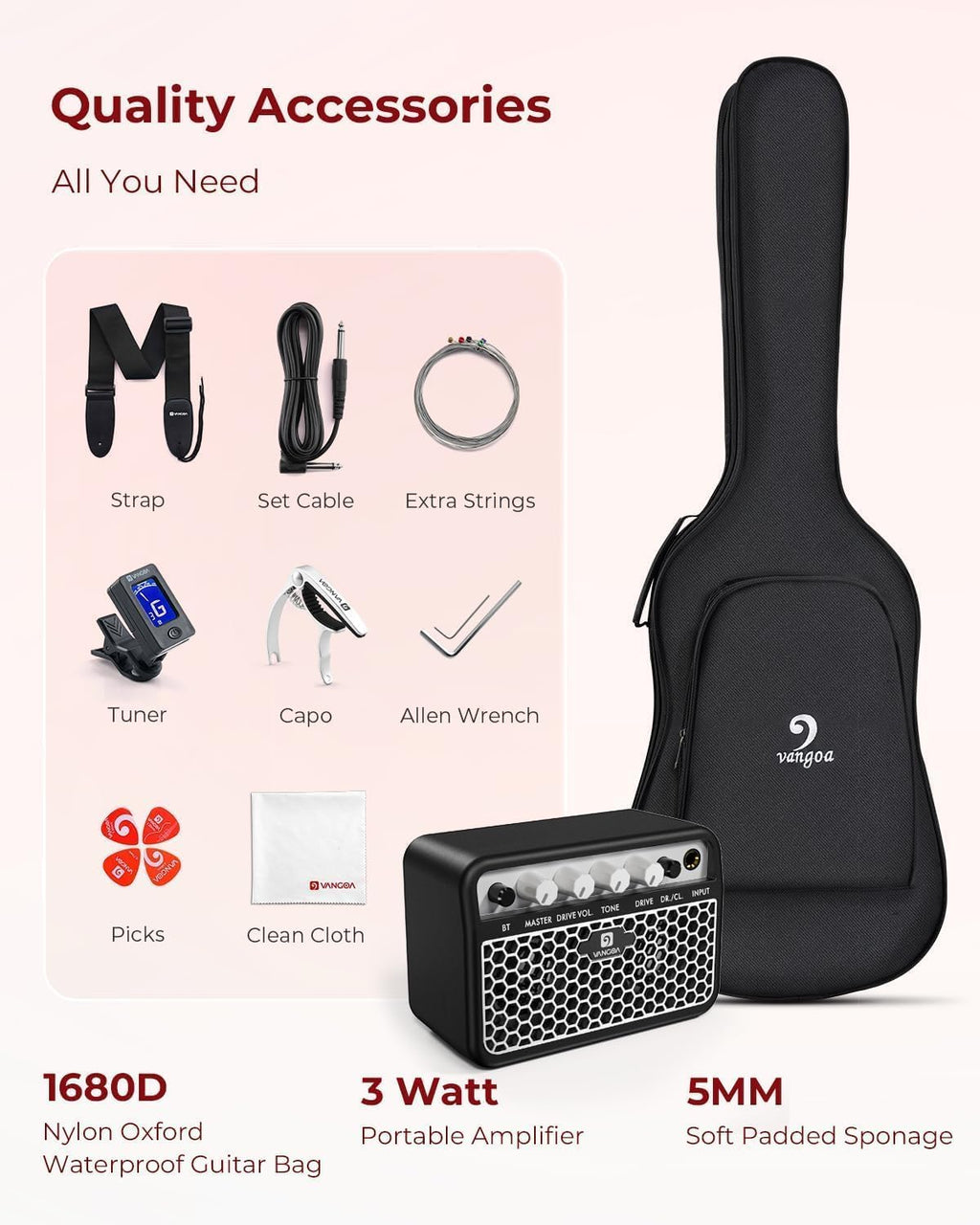 Vangoa 39 Inch Full Size Electric Guitar Beginner Kit Solid Body Pink SSS Pickups with Amp, Bag, Tremolo Bar, Strings, Tuner, Picks, Strap, Capo, Cable for Starter Girls Adults Teens