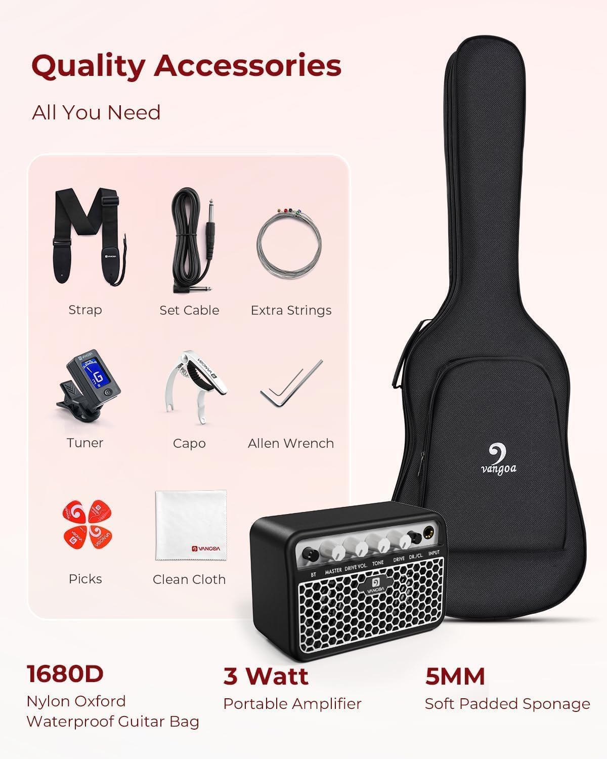 Vangoa 39 Inch Full Size Electric Guitar Beginner Kit Solid Body Pink SSS Pickups with Amp, Bag, Tremolo Bar, Strings, Tuner, Picks, Strap, Capo, Cable for Starter Girls Adults Teens