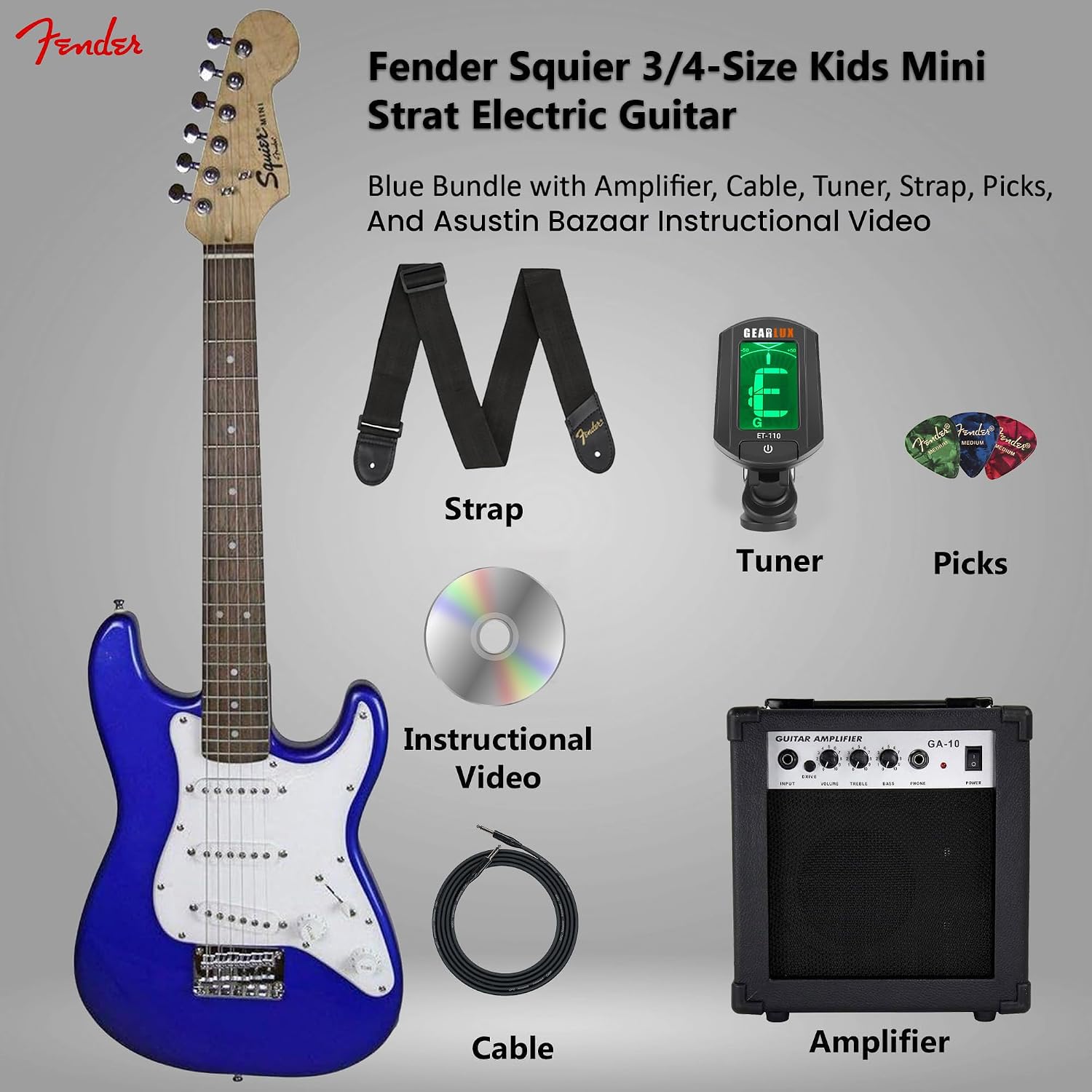 Fender Squier 3/4-Size Kids Mini Strat Electric Guitar - Imperial Blue Bundle with Amplifier, Cable, Tuner, Strap, Picks, and Austin Bazaar Instructional DVD