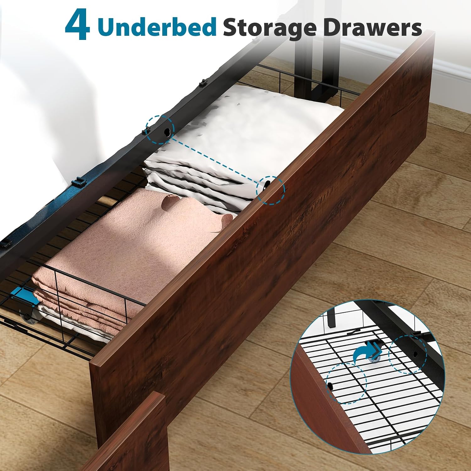 Kiivakii Queen Size Bed Frame with 4 Storage Drawers, LED Platform Bed with Headboard, Built in Charging Station, Noise-Free, Metal Support Base, No Box Spring Needed, Red Brown