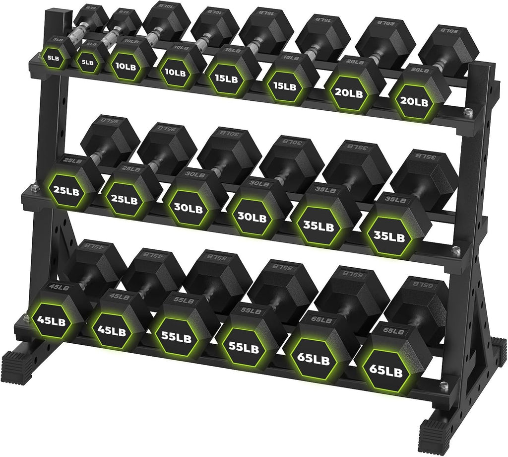 HANDBODE Hex Dumbbell Set with Rack, 300-840 lb Rubber Coated Fixed Weights Sets with Heavy Duty Storage Stand, Hexagon Shape, Multiple Weight Options Home Gym Equipment for Strength Training
