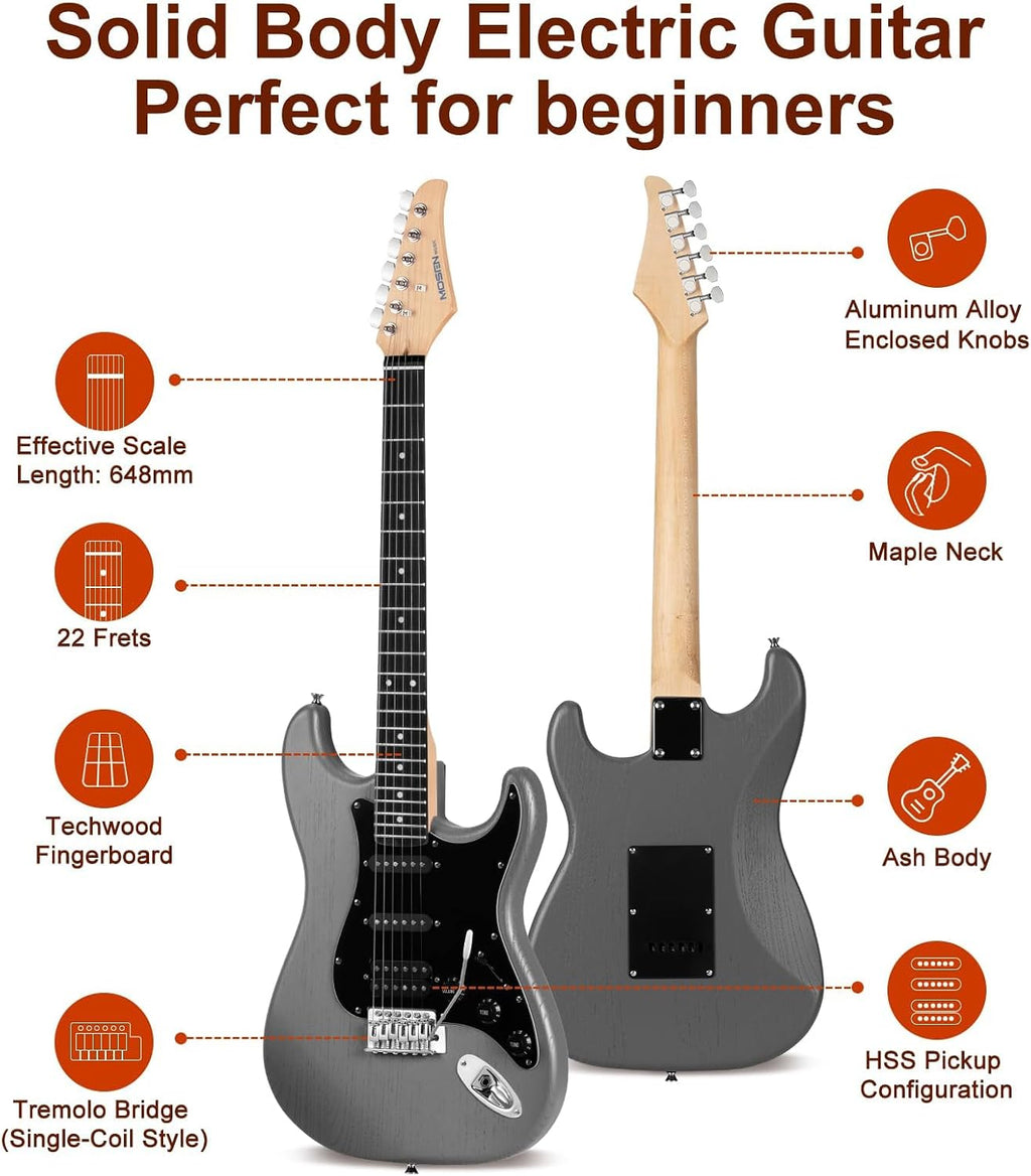 MOSEN 39' Electric Guitar Kit, Complete Beginner Starter Set with Amp & HSS Pickups, All Accessories Included, Ideal Gift for Music Lovers, Home Practice Ready – Grey&Black