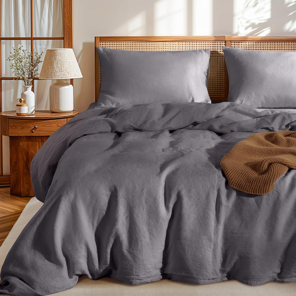 LBRO2M 100% France Linen Duvet Cover Set 3 Pcs Natural Flax Duvet Cover Set 2 Pillowcase 1 Duvet Cover with Zipper (Dark Gray Full)