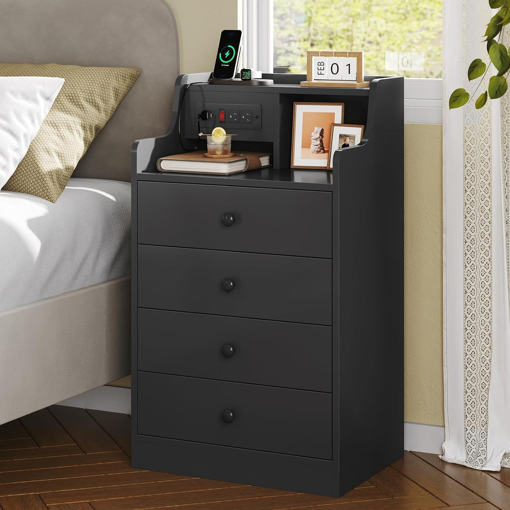 ADORNEVE Black Nightstand Set of 2,Night Stand with Charging Station & Hutch,Bedside Table with 4 Drawers,Large Nightstands Set of 2,Night Stands for Bedrooms,Side Tables Bedroom