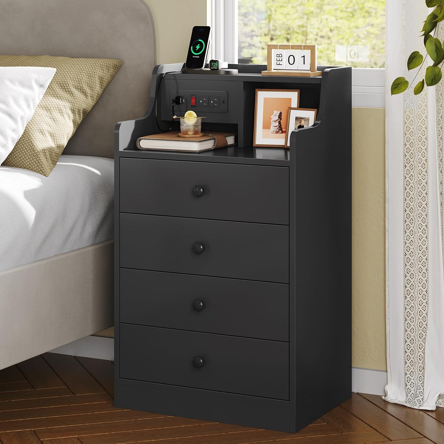 ADORNEVE Black Nightstand Set of 2,Night Stand with Charging Station & Hutch,Bedside Table with 4 Drawers,Large Nightstands Set of 2,Night Stands for Bedrooms,Side Tables Bedroom