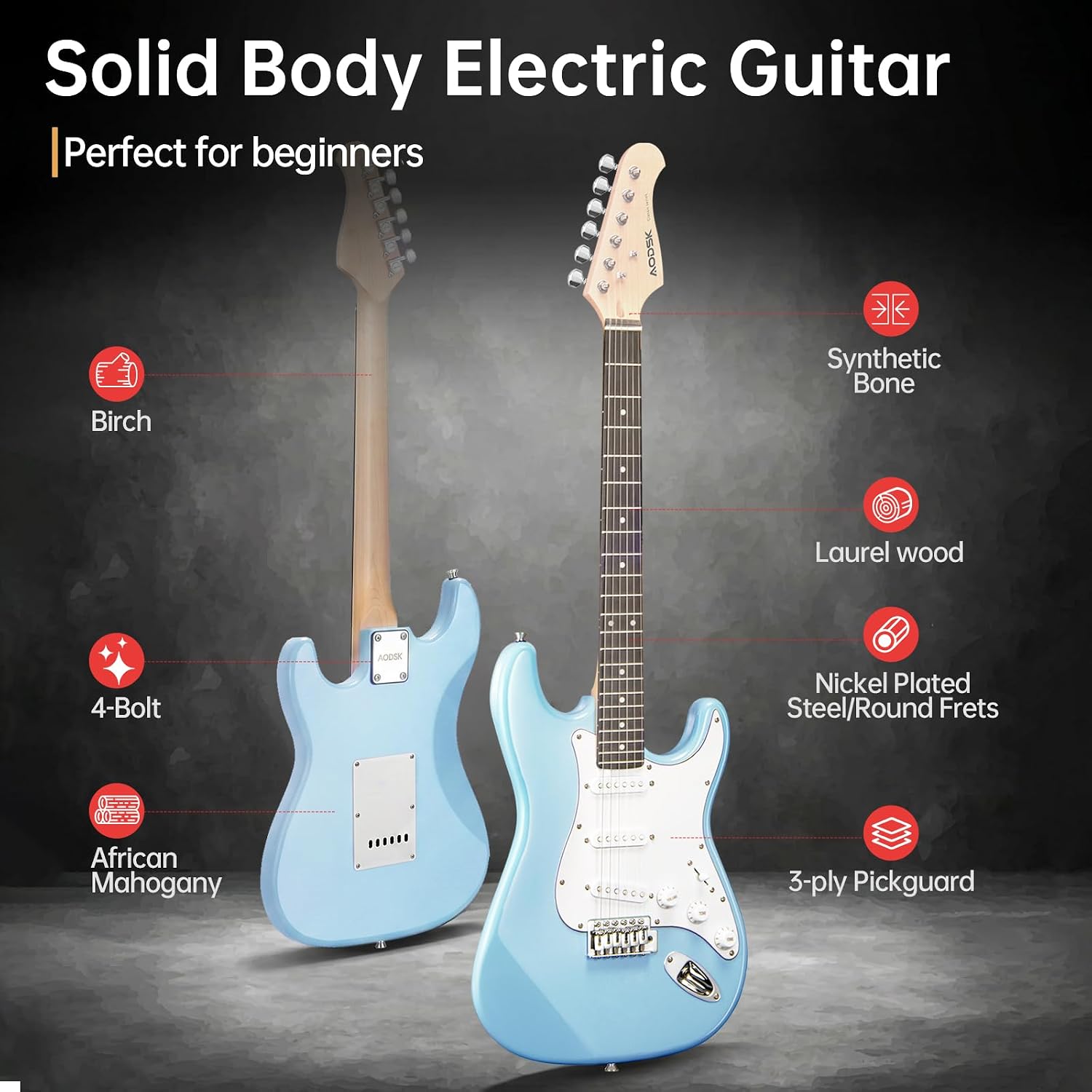 AODSK Electric Guitar with Amp Beginner Kit 39 Inch Solid Body Full Size,All Accessories,Digital Tuner,Six Strings,Four Picks,Tremolo Bar,Strap,Gig Bag,Starter kit