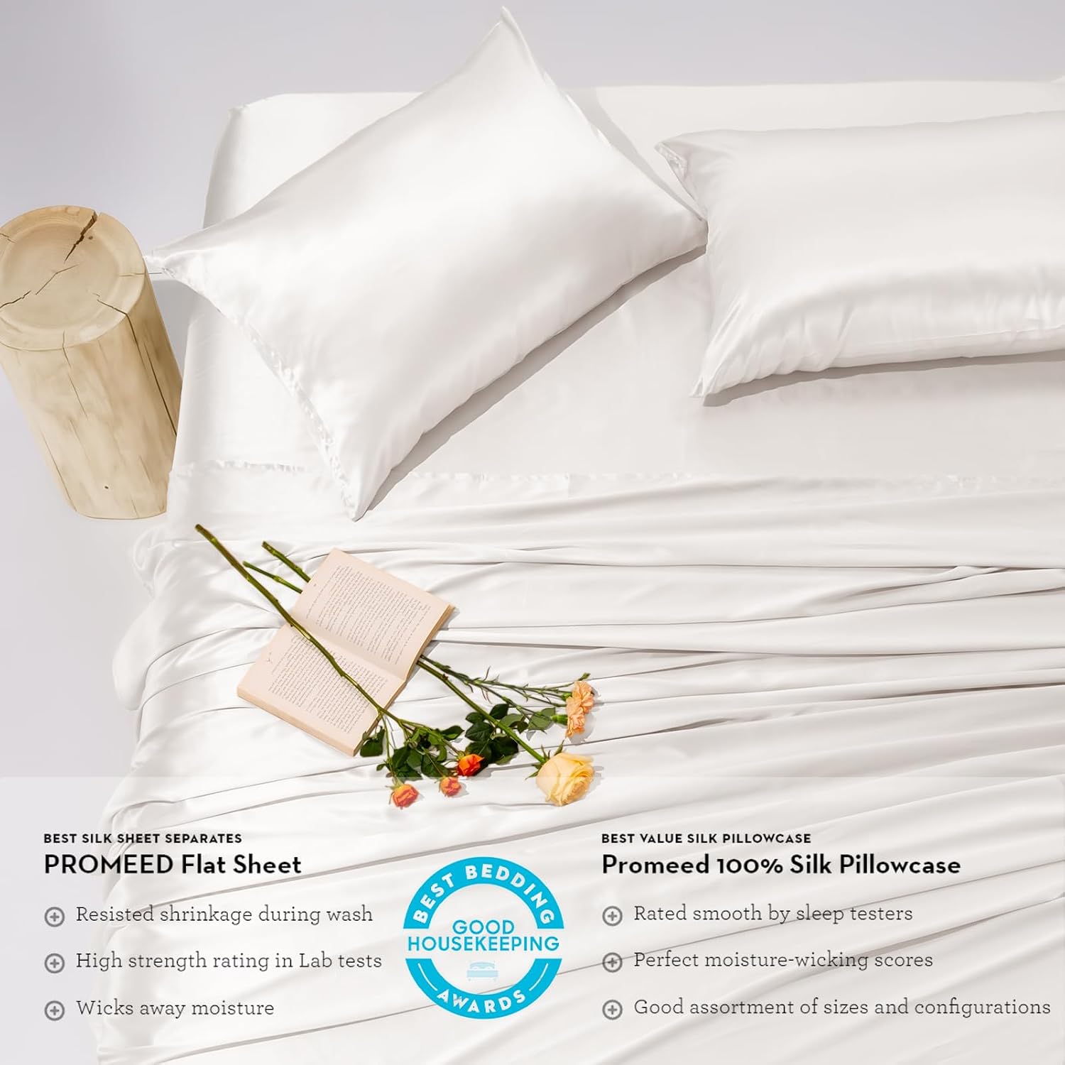 PROMEED 100% Pure Mulberry White Silk Sheet Set 4pcs, 23 Momme Grade 6A+ Silk Bed Sheets Set with Cooling Sheets and Pillowcases (White, Queen)