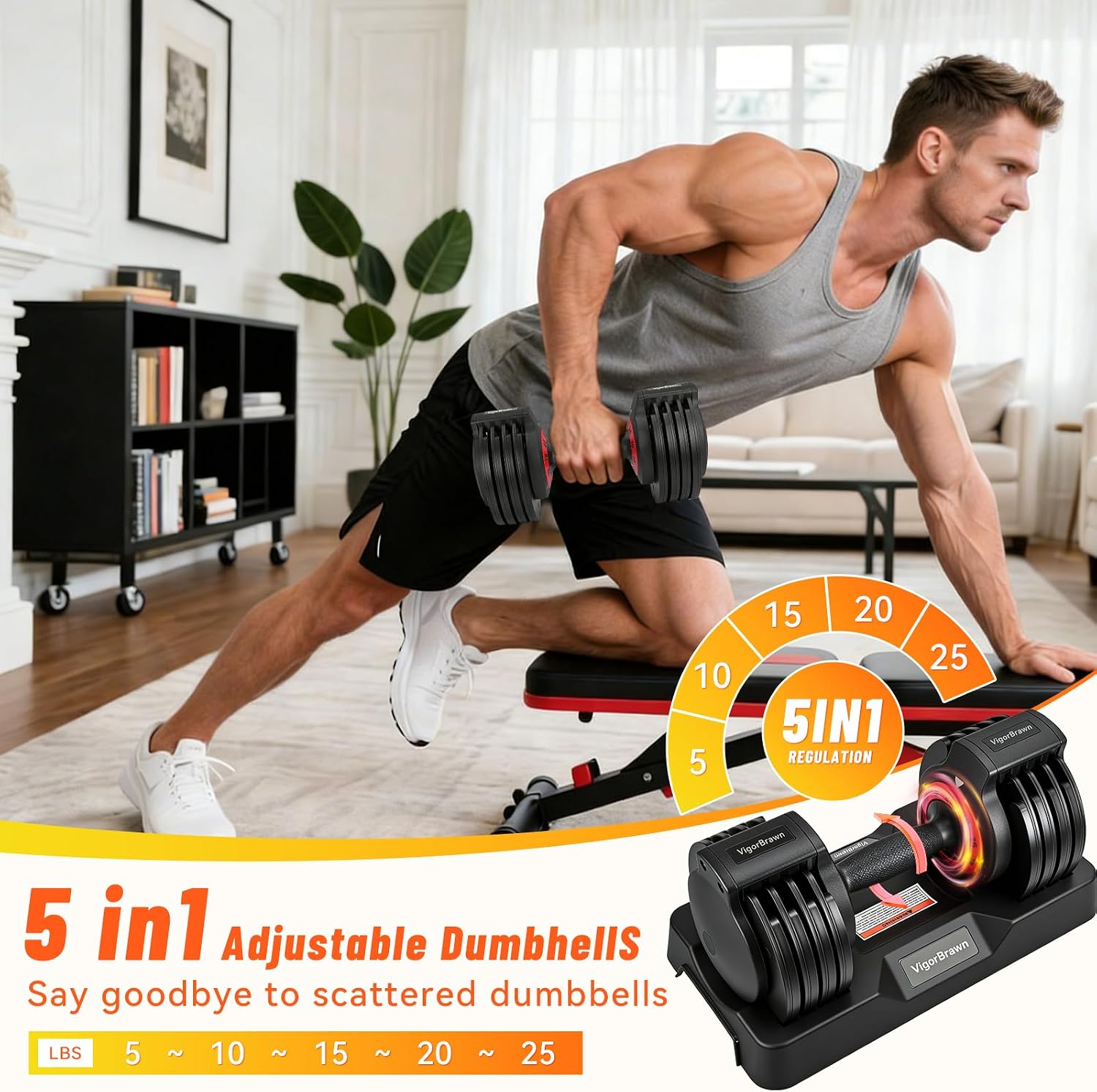 Adjustable Dumbbell Set, 2-in-1 Weights with Anti-Slip Handle, Fast Weight Adjustment for Home Gym, Strength Training, Single/Pair with Tray