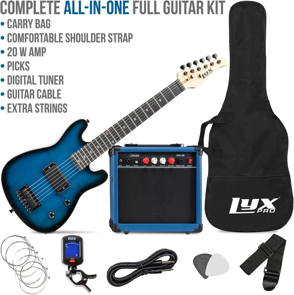 LyxPro 30 Inch Electric Guitar and Starter Kit for Kids with 3/4 Size Beginner's Guitar, Amp, Six Strings, Two Picks, Shoulder Strap, Digital Clip On Tuner, Guitar Cable and Soft Case Gig Bag - Blue