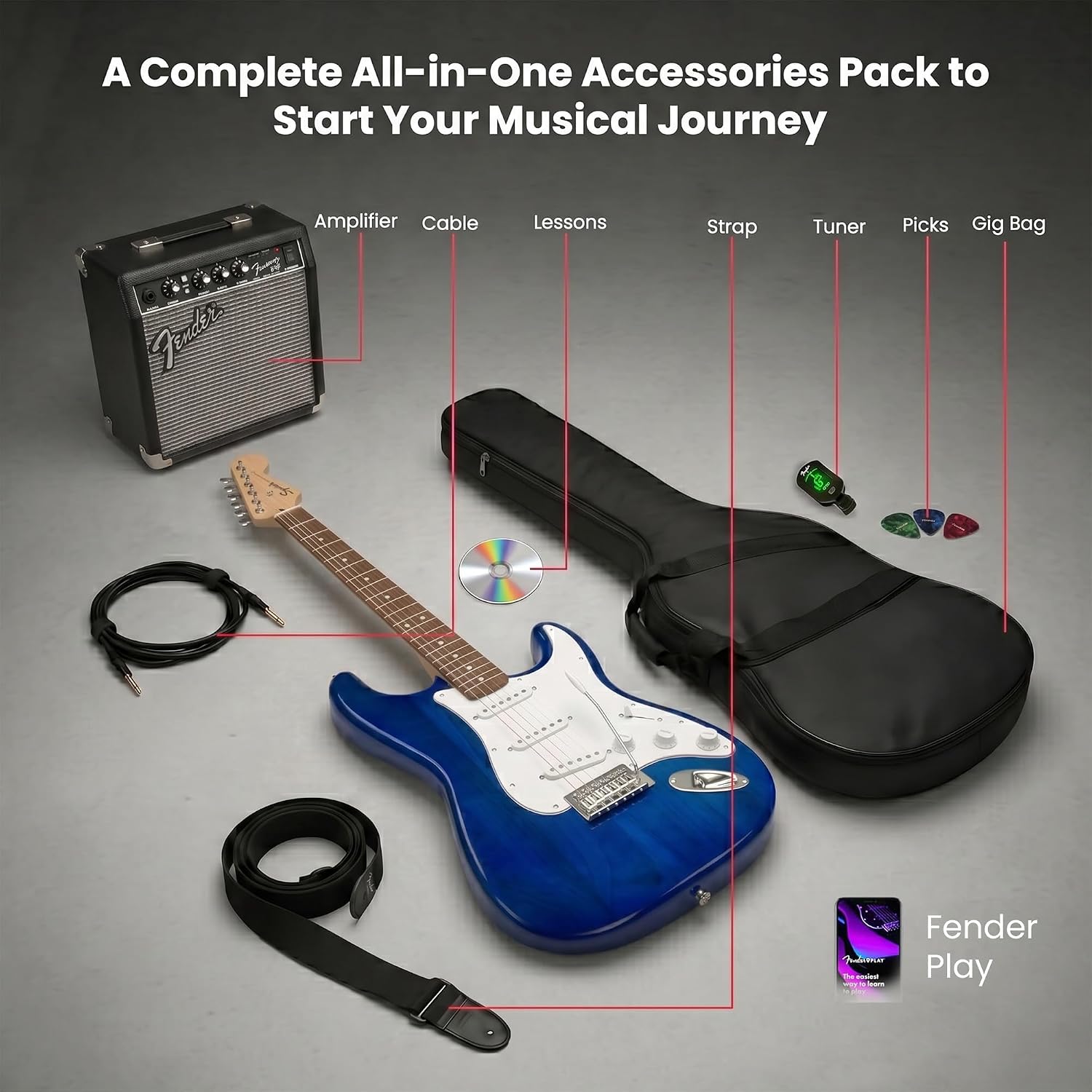 Fender Squier Sonic Stratocaster Pack - Sapphire Blue Transparent Bundle with Frontman 10G Amp, Gig Bag, Instrument Cable, Strap, Tuner, Picks, and Austin Bazaar Instructional DVD