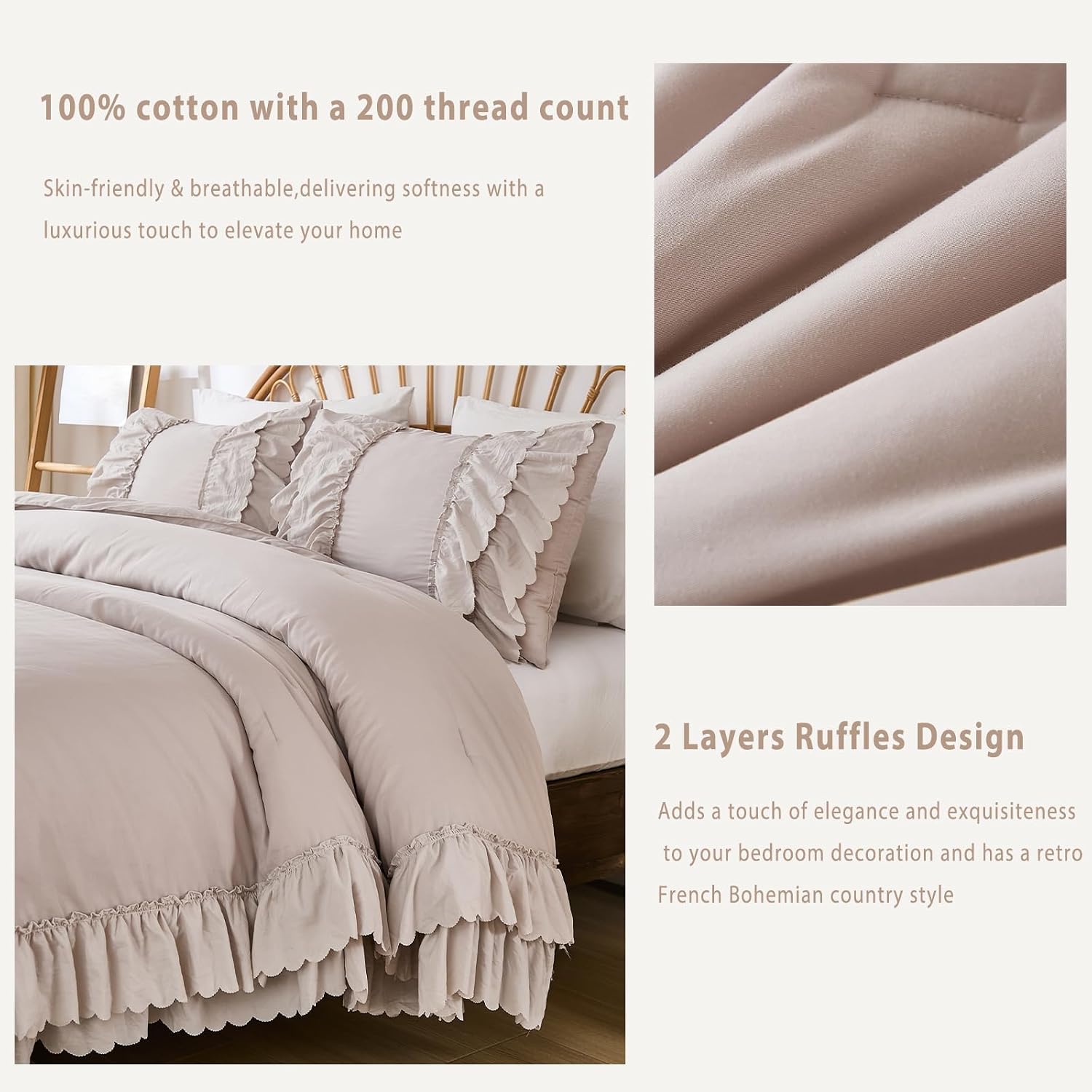 Herside Beige Cotton Ruffle Comforter King Size,2 Layers Ruffles Boho Bedding Set,3 Pcs Fluffy Vintage Comforter Farmhouse Soft and Cozy Lightweight Quilt Set for Women Home Decor