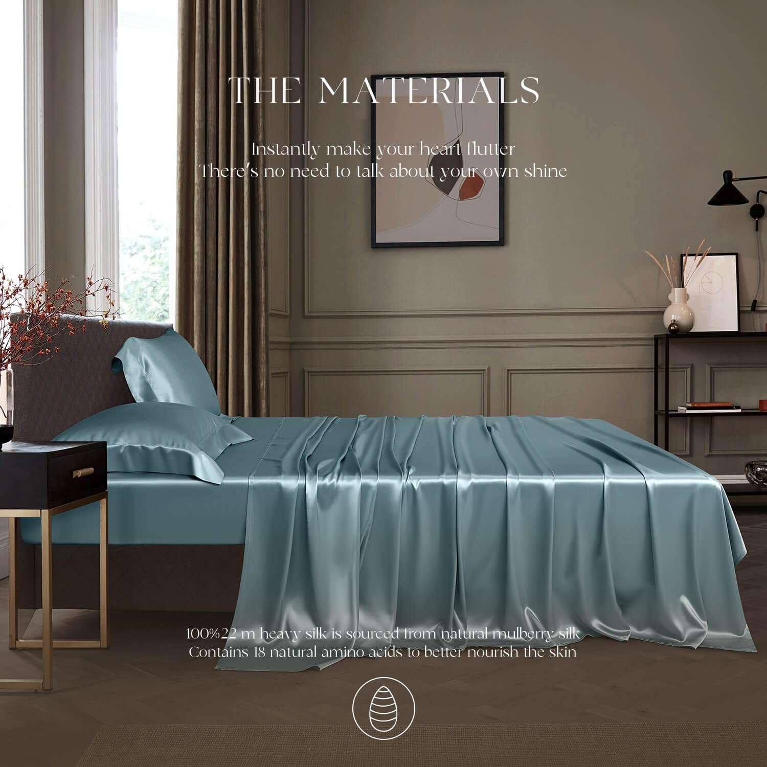 DISANGNI 22 Momme 100% Mulberry Silk Bedding Set - 4-Piece Luxury (2 Pillowcases, 1 Fitted Sheet, 1 Flat Sheet) - 6A Grade Natural Silk (Blue Gray, Queen)