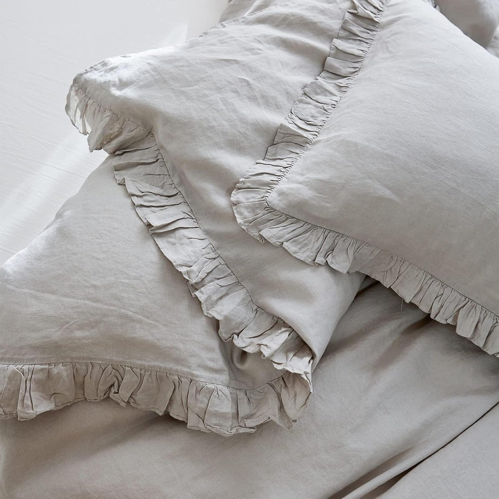 Simple&Opulence 100% Linen Duvet Cover Set, 3 PCS Natural French Flax Light Grey Ruffle Duvet Cover Queen Size, Breathable Comfy Linen Bedding Comforter Cover with 2 Pillowcases(Light Grey, 88' X 92')