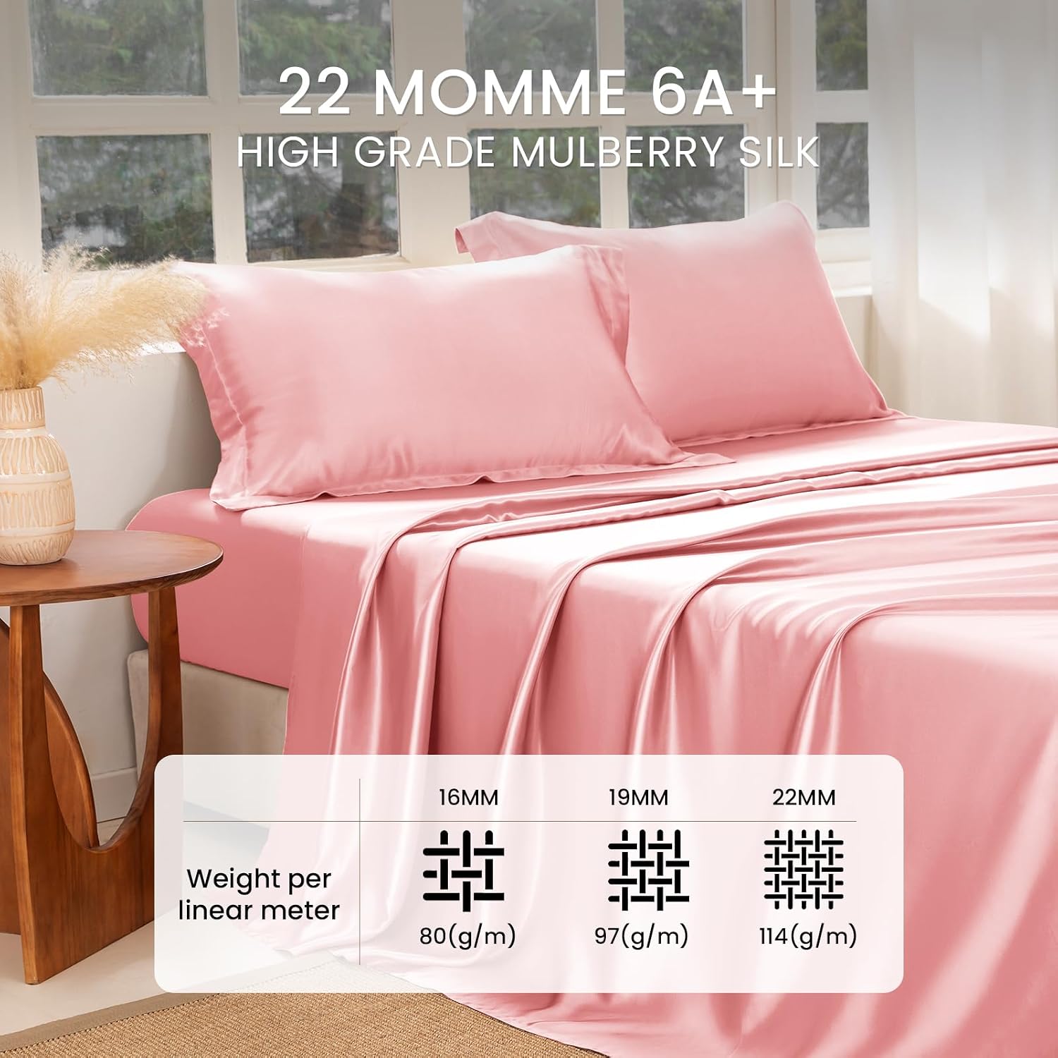 THXSILK Silk Sheet Set 4 Pcs, King Size Sheet Set, 22 Momme 7A+ Silk Sheets, Soft and Breathable Bed Sheets with 1 Flat Sheet, 1 Fitted Sheet, 2 Pillow Shams, Charming Pink