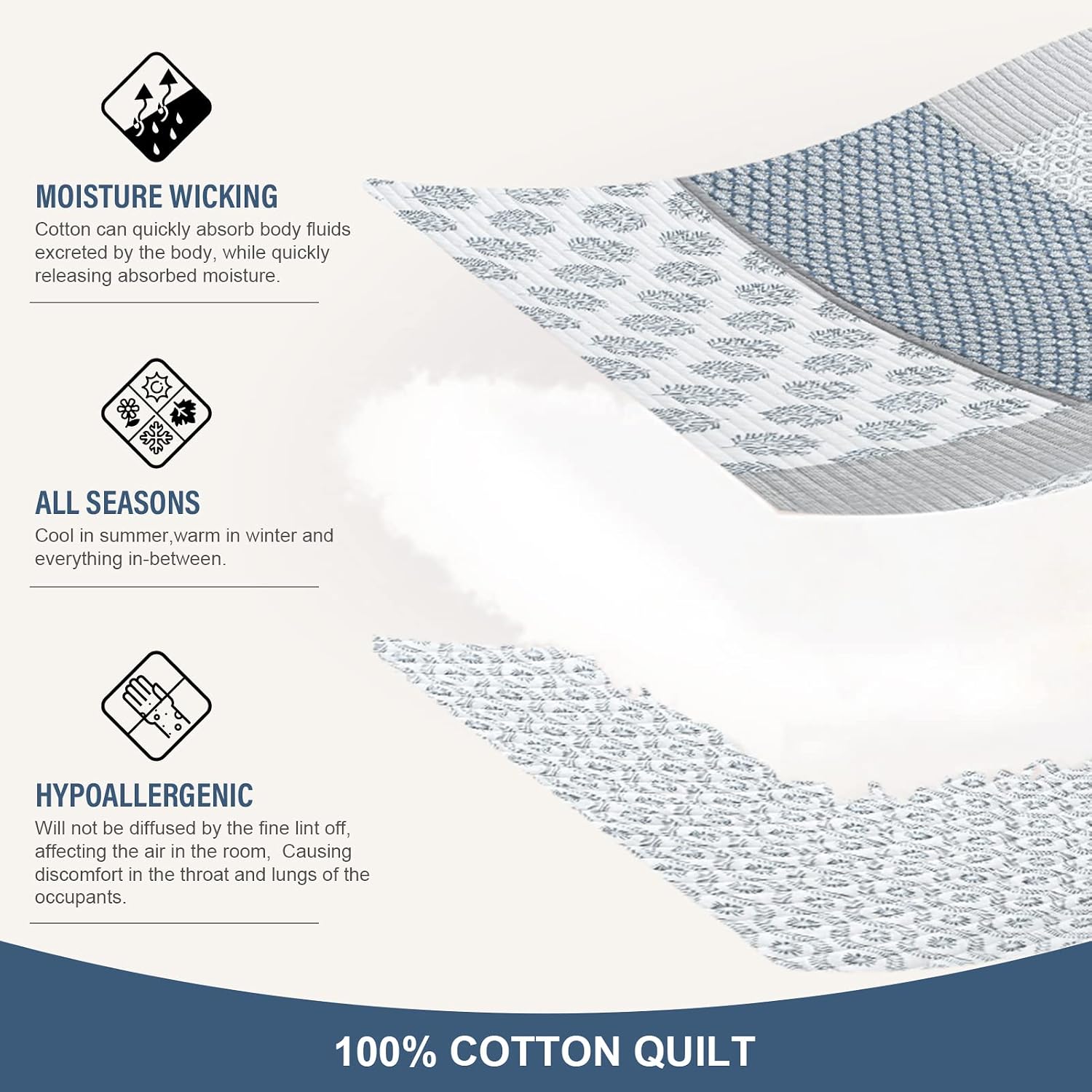 Y-PLWOMEN Quilts Queen Size, 100% Cotton Lightweight Soft Queen Quilt, Blue Grey White Quilted Bedspread, Patchwork Reversible Quilt Bedding Set All Season, 3-Pieces1