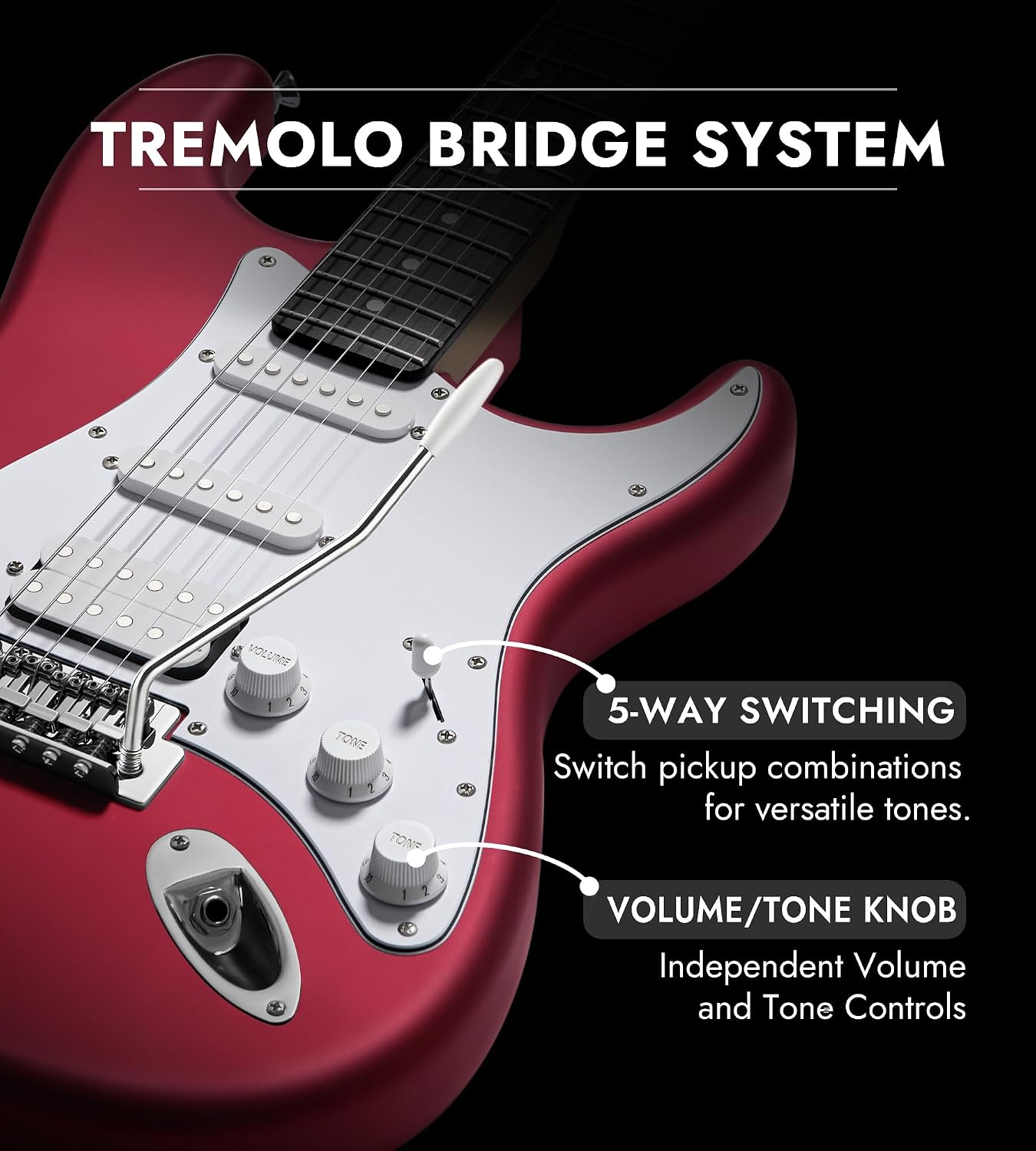 Tostar Beginner Electric Guitar, Solid Body, 39' Full Size Strat Style with HSS Pickups, 5-Way Switch, Tremolo Bridge, Maple Neck & Tectona Fretboard, Ideal for Beginners and Gifting, Red