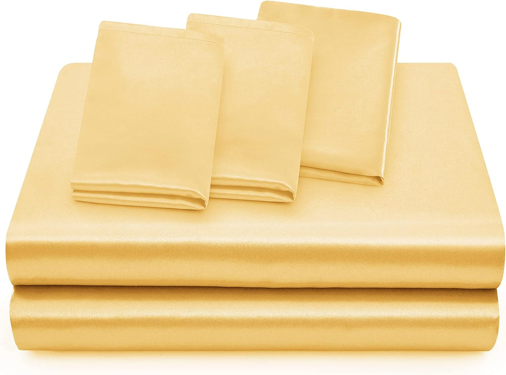 22 Momme 100% Mulberry Silk Bedding Set - 4-Piece Luxury Queen Size (2 Pillowcases, 1 Fitted Sheet, 1 Flat Sheet) - Fits 14-16' Deep Pocket (Solid, Gold)