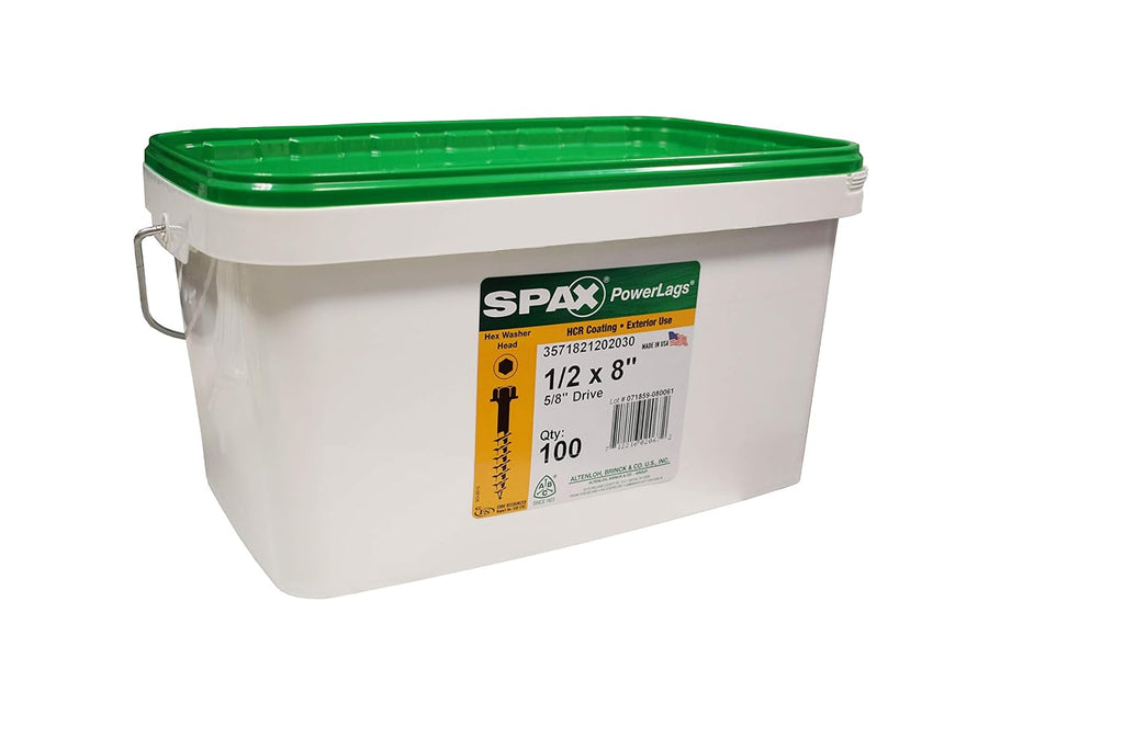 SPAX 1/2' x 8' Exterior Hex Head Structural Wood Lag Screws Powerlags Hex (100 EA) Bulk Pail Bit Included Heavy Duty Rust Resistant