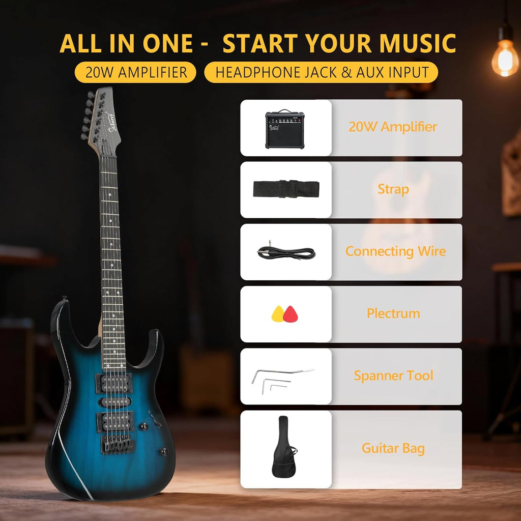 GLARRY 39' Full Size Electric Guitar Kit for Beginners, Starter Electric Guitar Set with 20W Amp & HSH Pickups, Model 170 (Turn Blue)