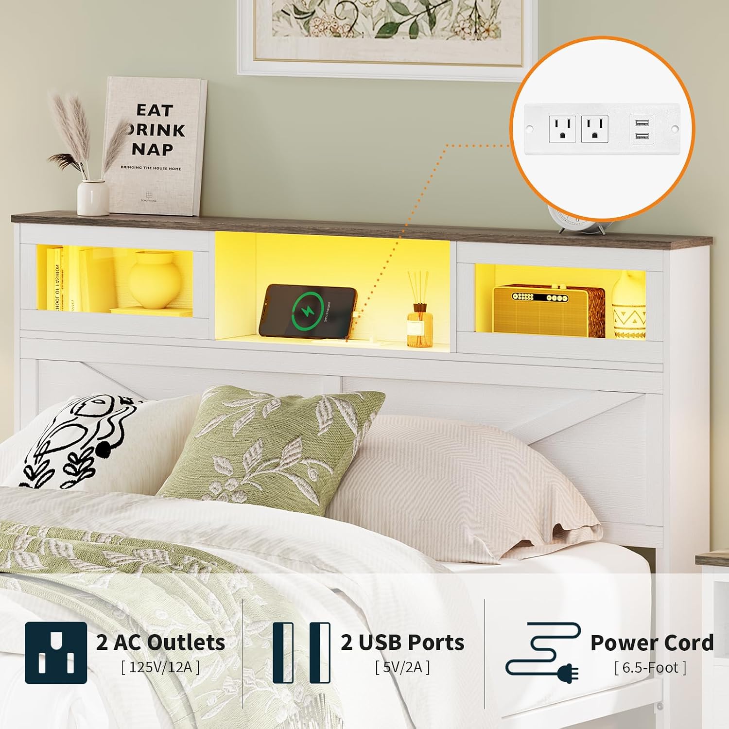 Yoobure Full Size Bed Frame with Headboard, Full Bed Frame with Charging Station, LED Beds with 2 Storage Drawers, Wood Farmhouse Bedframe, Noise-Free and No Box Spring Needed, White