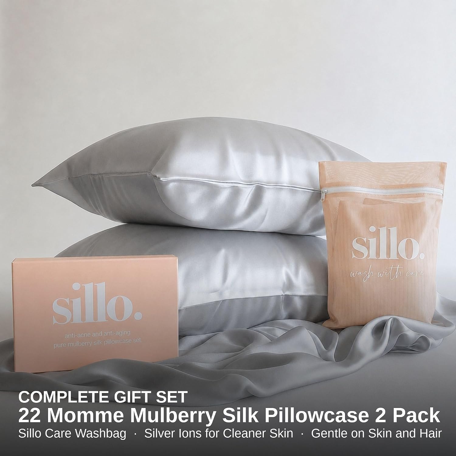 Sillo Silk Pillow Cases 2 Pack - 22 Momme Mulberry Silk Pillowcases for Hair and Skin, Anti Acne Pillow Case, Hypoallergenic Silver-Infused, Envelope Closure, King (Silver)