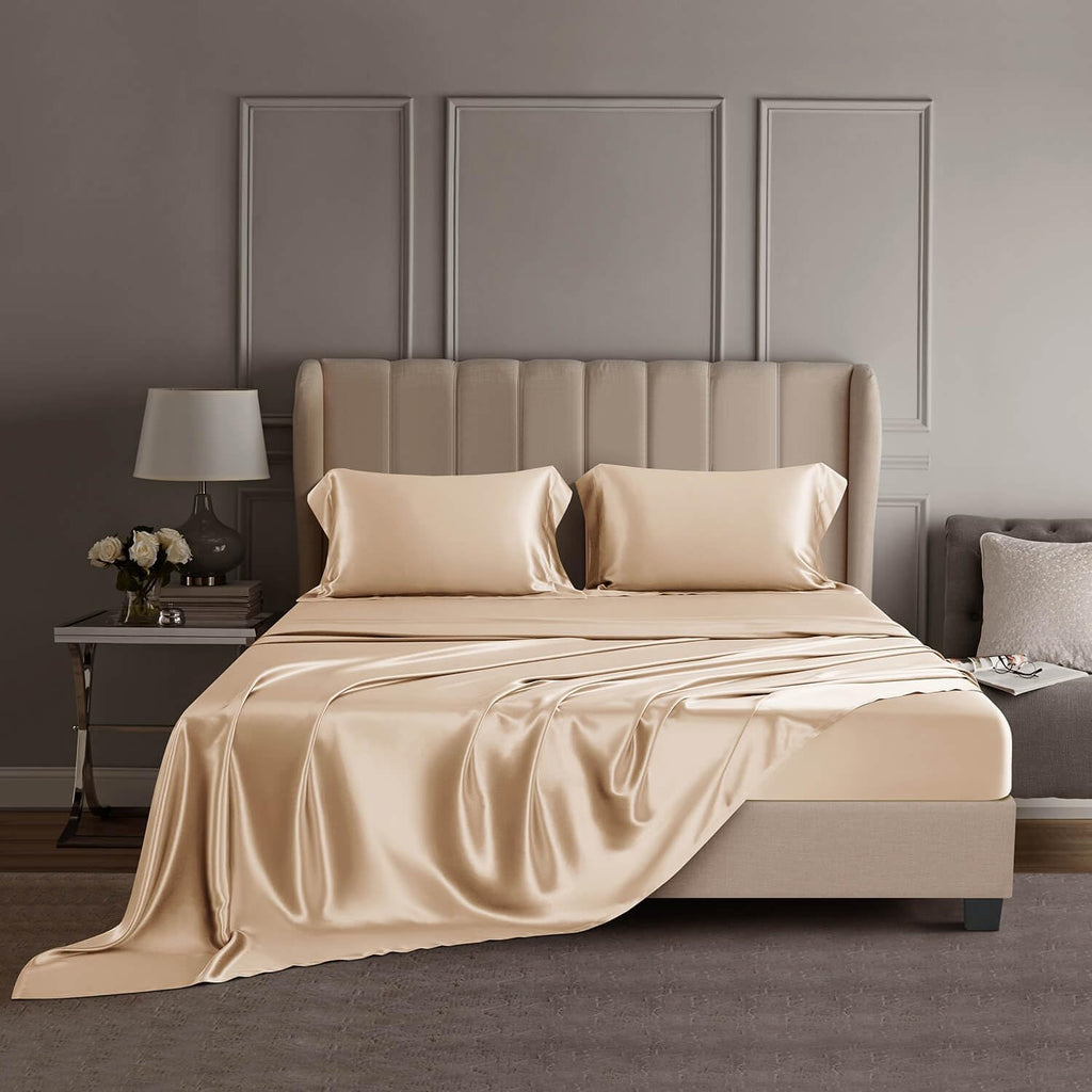 DISANGNI 22 Momme 100% Mulberry Silk Bedding Set - 4-Piece Luxury (2 Pillowcases, 1 Fitted Sheet, 1 Flat Sheet) - 6A Grade Natural Silk (Champagne, Queen)