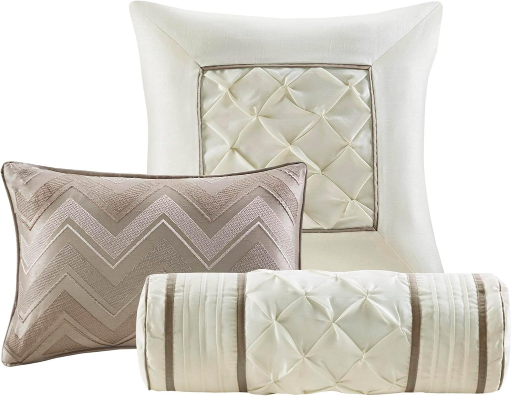 Madison Park Laurel Cozy Comforter Set - Traditional Tufted Faux Silk Design, All Season Down Alternative Bedding with Matching Shams, Decorative Pillow, Taupe King(104'x92') 7 Piece
