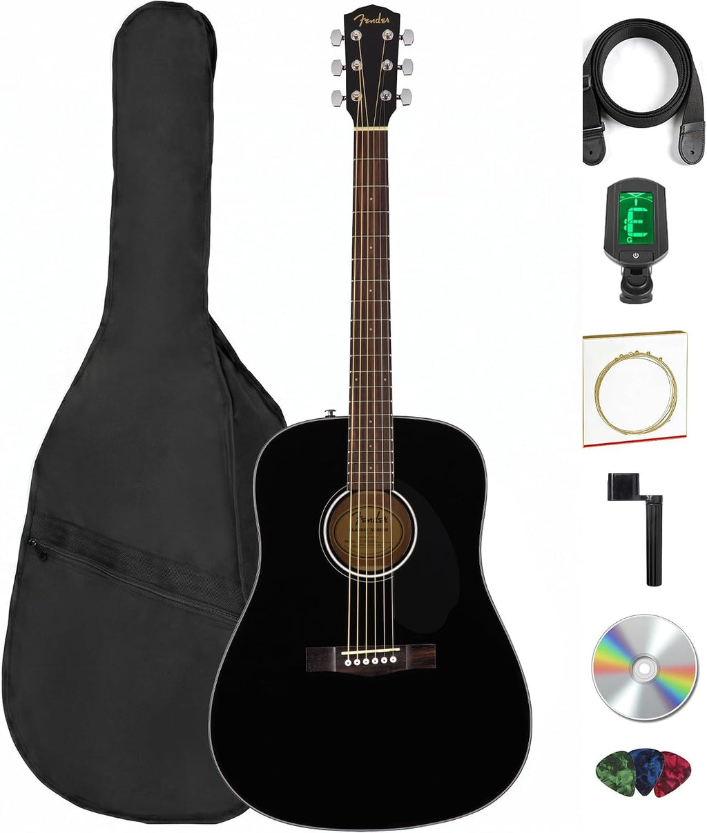 Fender Classic Design Dreadnought Acoustic Guitar - Black Bundle with Gig Bag, Tuner, Strap, Strings, String Winder, Picks, and Austin Bazaar Instructional DVD