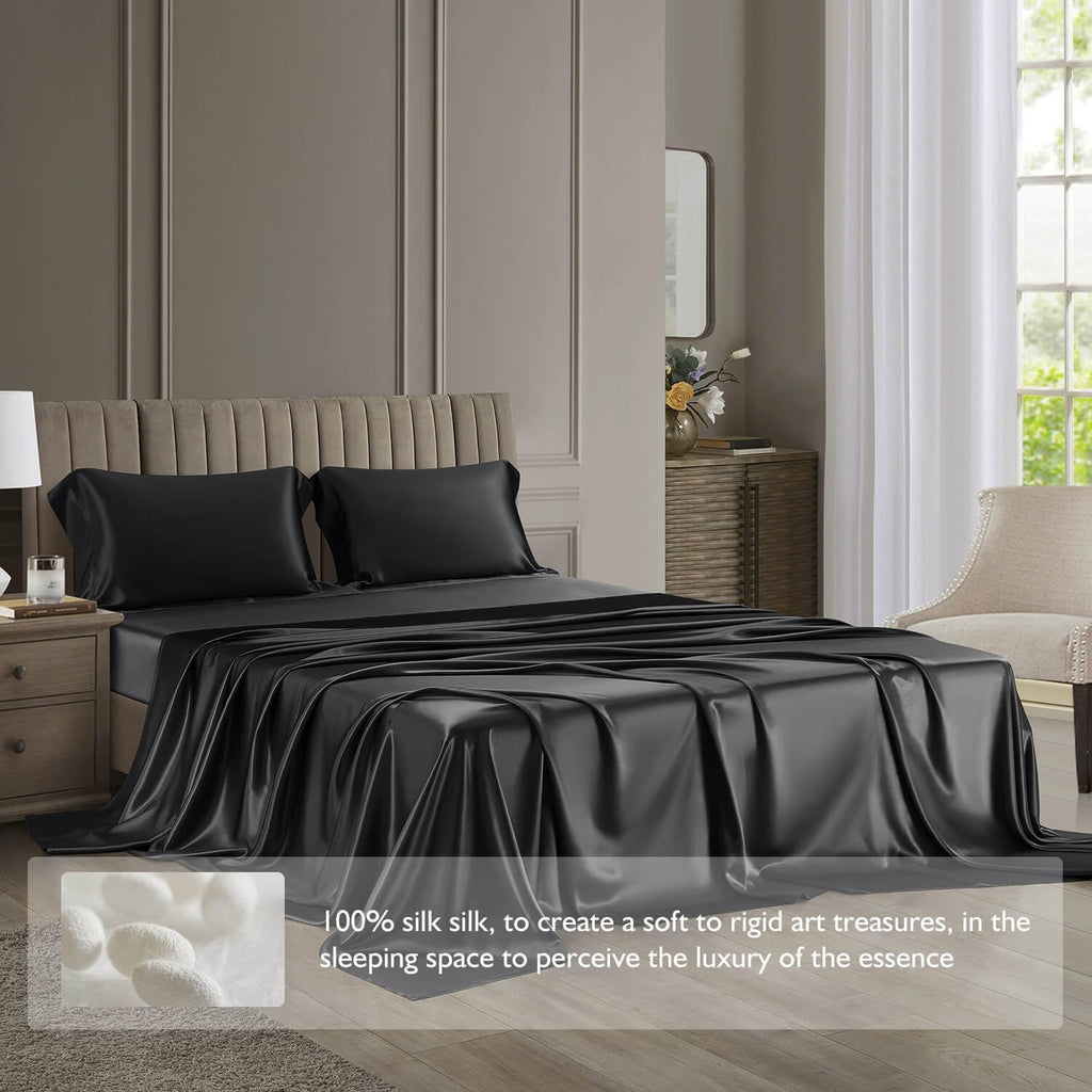 DISANGNI 22 Momme 100% Mulberry Silk Bedding Set - 4-Piece Luxury (2 Pillowcases, 1 Fitted Sheet, 1 Flat Sheet) - 6A Grade Natural Silk (Black, Queen)