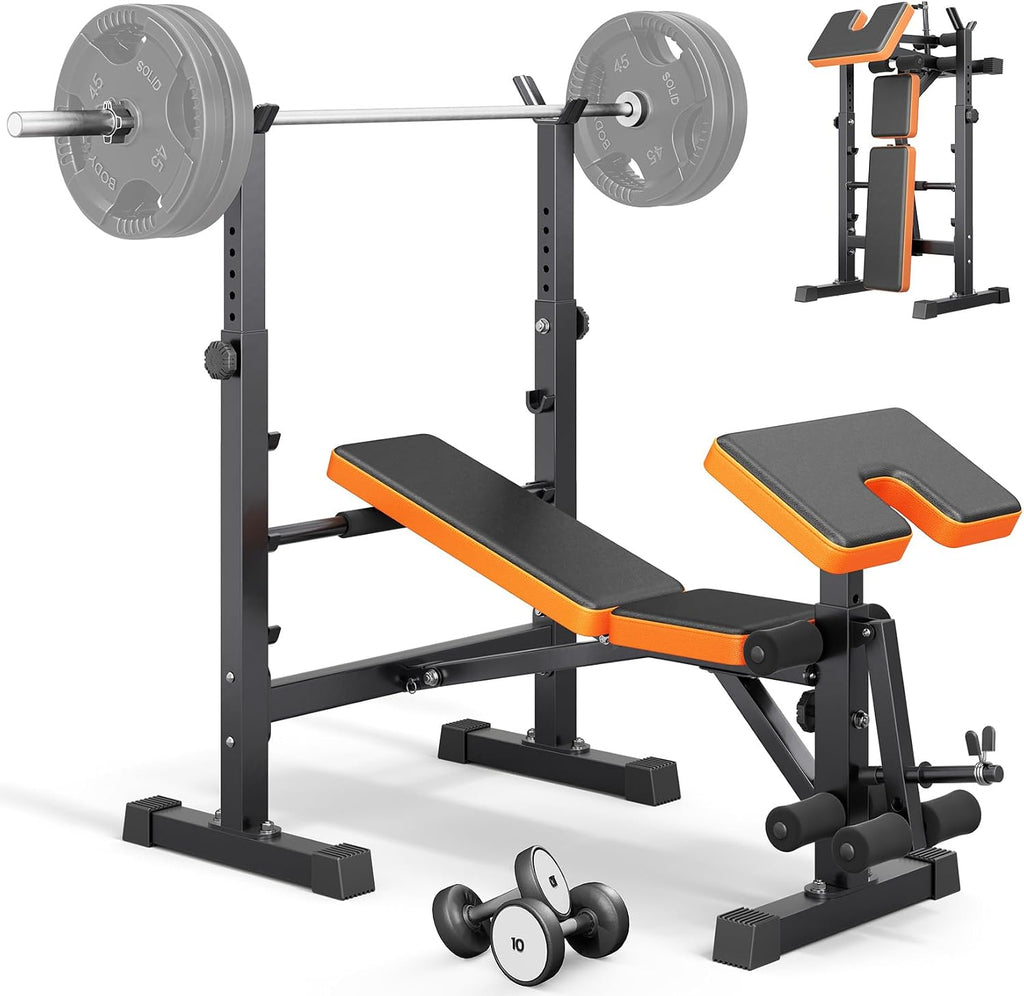 Multi-Function 6 in 1 Weight Bench Set - Leg Press, Preacher Curl Rack, Adjustable Workout Bench & Squat Rack for Full Body Exercise, Fitness Strength Training for Home Gym