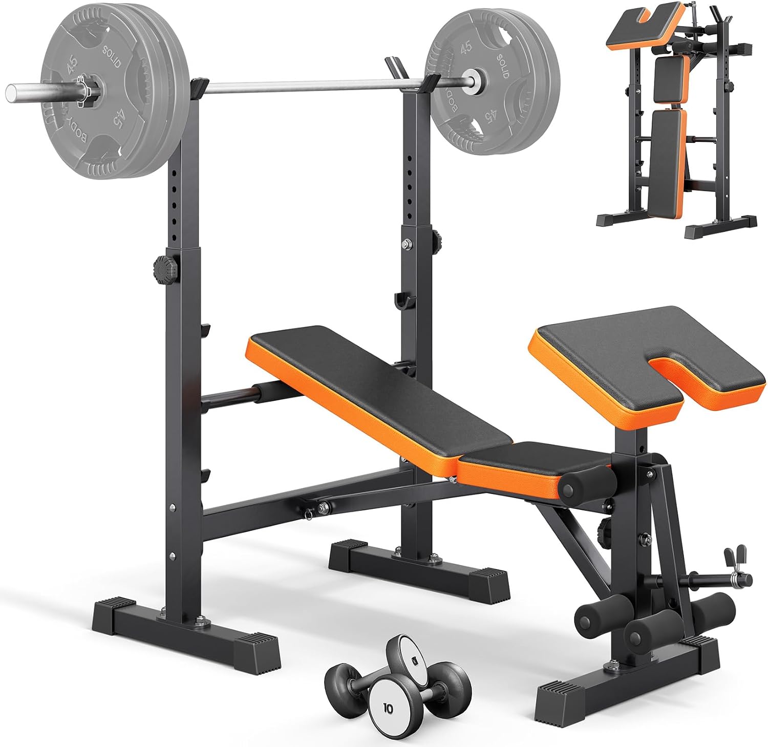 Multi-Function 6 in 1 Weight Bench Set - Leg Press, Preacher Curl Rack, Adjustable Workout Bench & Squat Rack for Full Body Exercise, Fitness Strength Training for Home Gym
