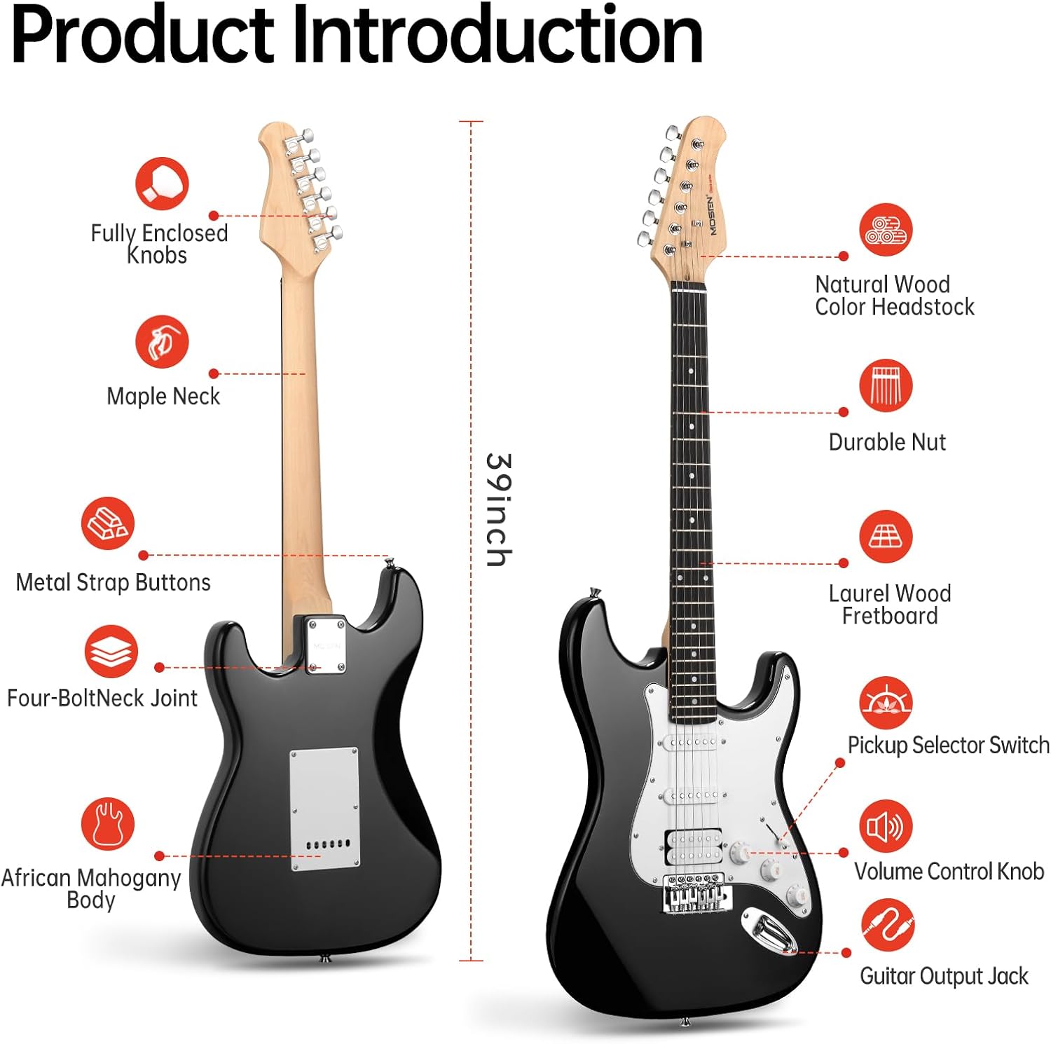 MOSEN Beginner Electric Guitar 39 inch Solid Body, HSS Pickup with Coil Split, Full Size Guitar Starter Set w/Amp, Gig Bag, Tuner, Capo, Cable, All Accessories,MS-SS60-Black