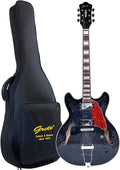 GROTE Jazz Electric Guitar Semi-Hollow Body Trapeze Tailpiece Bridge Guitar Gig Bag (Black)
