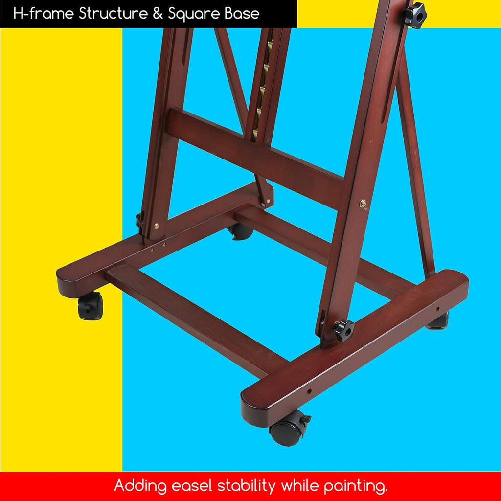 MEEDEN Large Studio Artist Easel, Holds Max Canvas 48', Solid Beech Wood H-Frame Easel with Large Storage Tray, Adjustable Art Painting Easel Stand with Wheels for Beginners & Artists, Deep Walnut