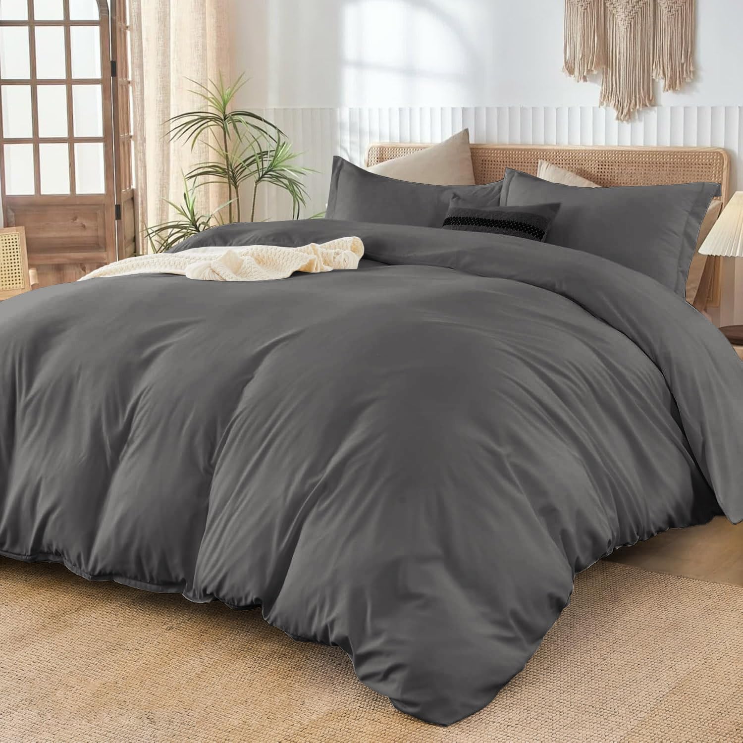 800TC 3 Sided Zipper Duvet Cover Set Soft Egyptian Cotton 3 Sided Zipper Closure, 3 PCS 1-Duvet Cover & 2- Pillow Shams - King-XL Size (98' x 116') Inches, (Solid Dark Grey)