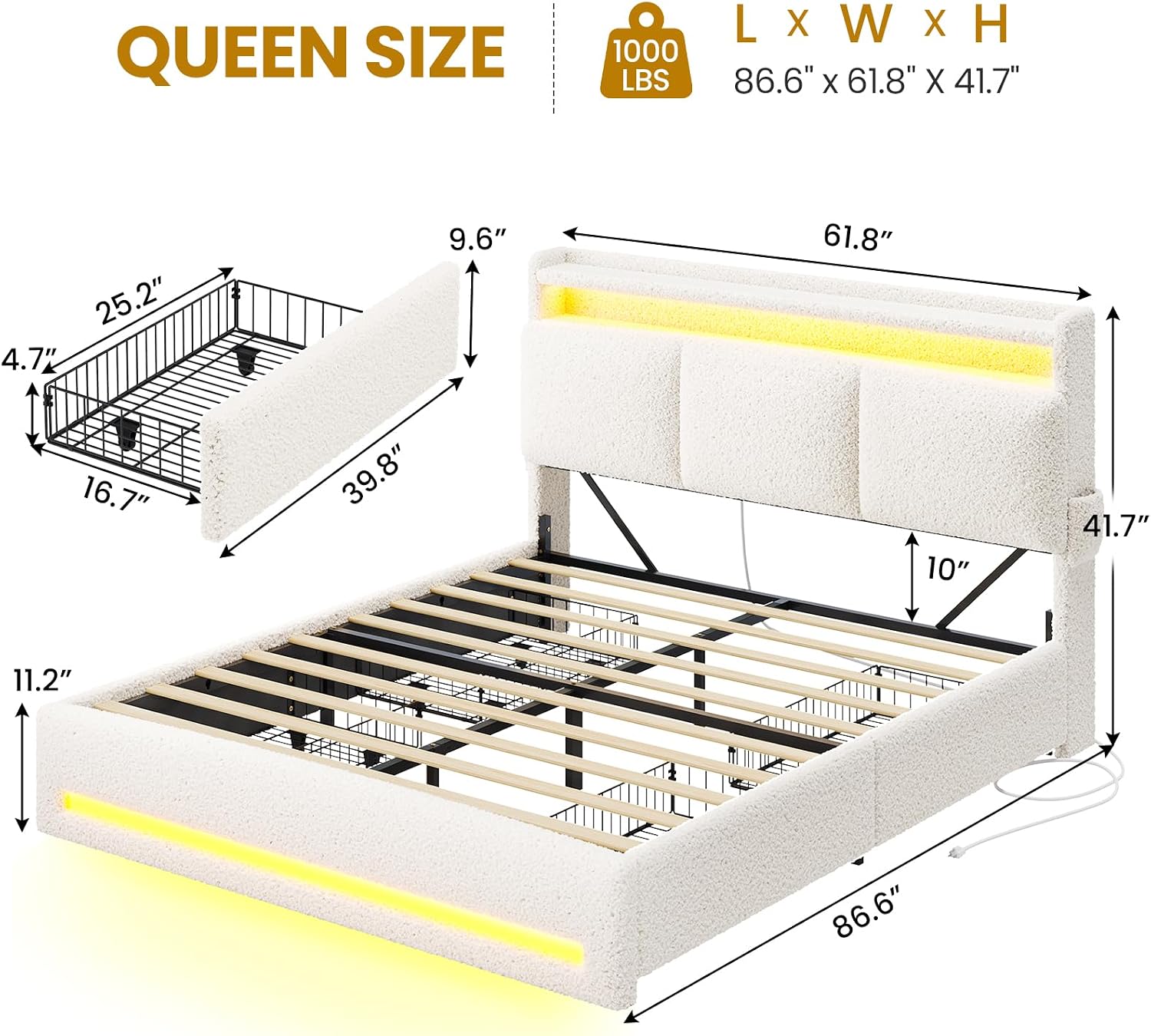 VIAGDO Queen Bed Frame with Storage Headboard and Charging Station, Boucle Upholstered Bed Frame Queen Size with 4 Drawers and LED Lights, Type C and USB, No Box Spring Needed, Cream White