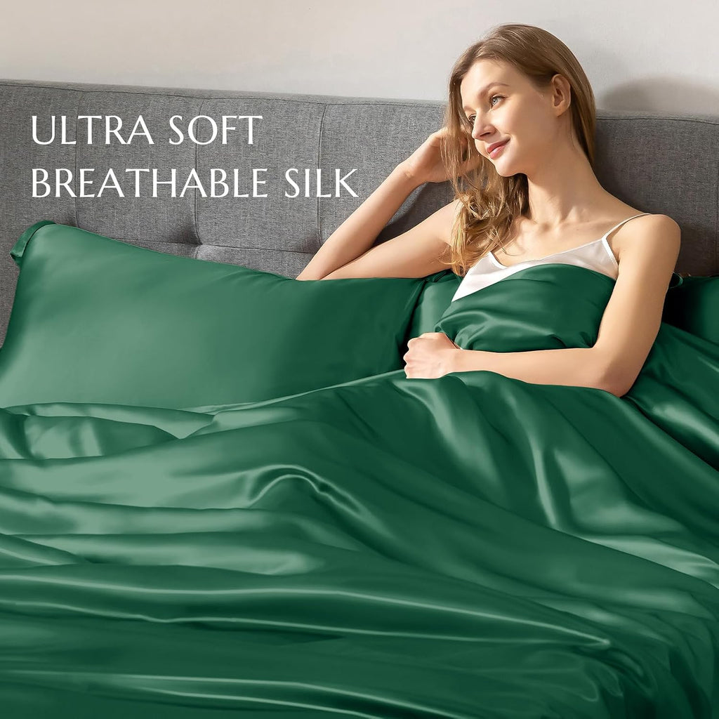 THXSILK 100% Silk Sheet Set, 7A+ Silk Sheet Set Soft Breathable, Luxury Bedding (1 Duvet Cover, 1 Fitted Sheet, 2 Pillow Shams), King, Emerald Green