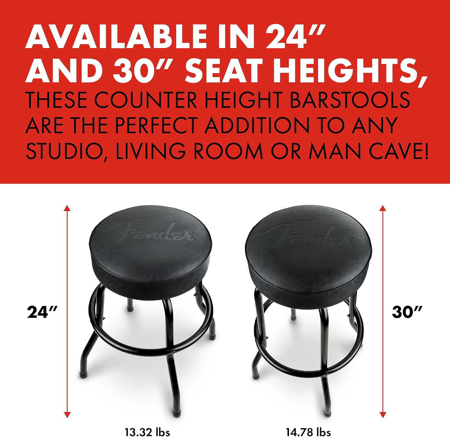 Fender Embossed Black Logo Swivel Barstool, Great Gifts for Dad, with 1 Year Limited Warranty, Simple Assembly, Black/Black, 24'