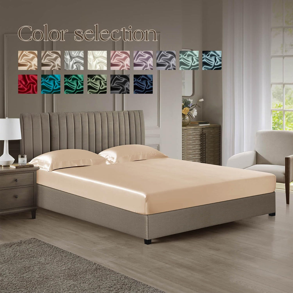 DISANGNI 22 Momme 100% Mulberry Silk Bedding Set - 4-Piece Luxury (2 Pillowcases, 1 Fitted Sheet, 1 Flat Sheet) - 6A Grade Natural Silk (Champagne, Queen)