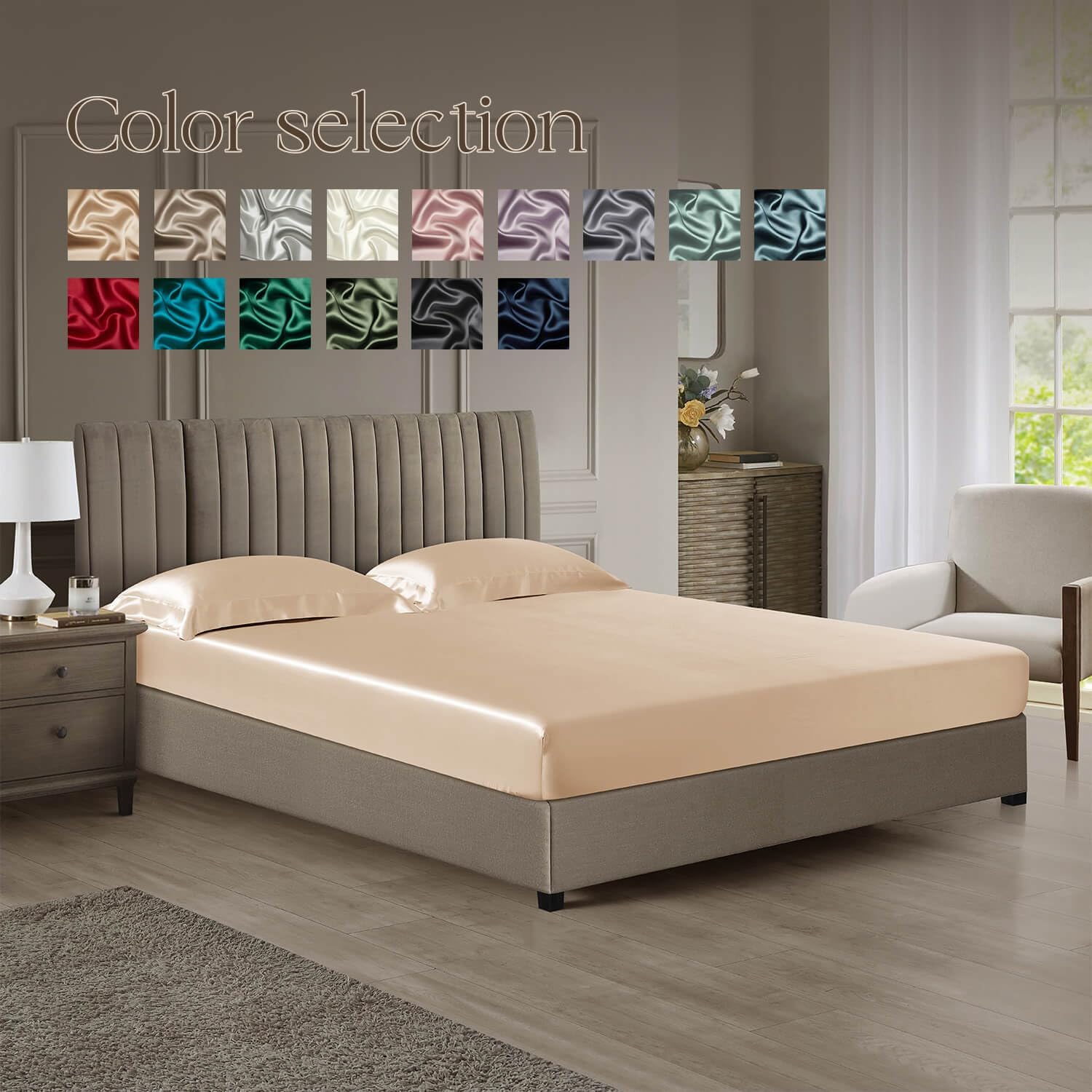 DISANGNI 22 Momme 100% Mulberry Silk Bedding Set - 4-Piece Luxury (2 Pillowcases, 1 Fitted Sheet, 1 Flat Sheet) - 6A Grade Natural Silk (Champagne, Queen)