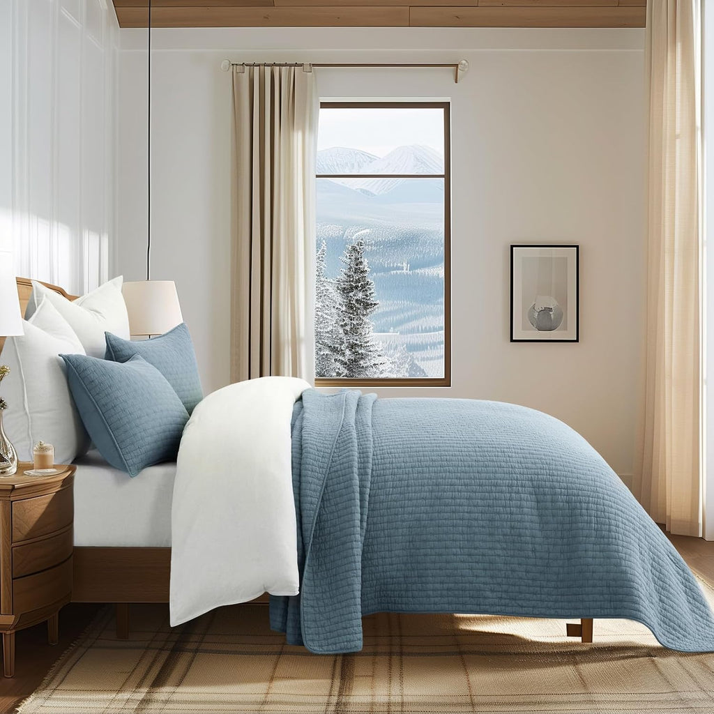 EVERGRACE x Kinsey Walsh Cross Stitch Pre-Washed Cotton Quilt Bedding Set King Size, Oversized 3 Pieces Lightweight Bedspread Coverlet for All Season, with 2 Matching Shams, Dusty Blue, 118'x106' | Cross Stitch