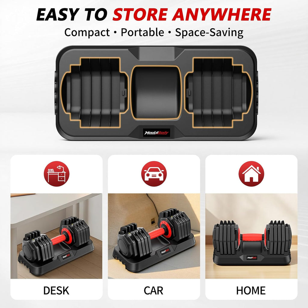 Adjustable Dumbbell Set Pair 25 lb or 50 lb, Adjustable Dumbbells 10-in-1 Free Weight Set, 1-Second Dial Weight Adjustment,Space-Saving Design with Storage Base, Home Gym Strength Training Equipment