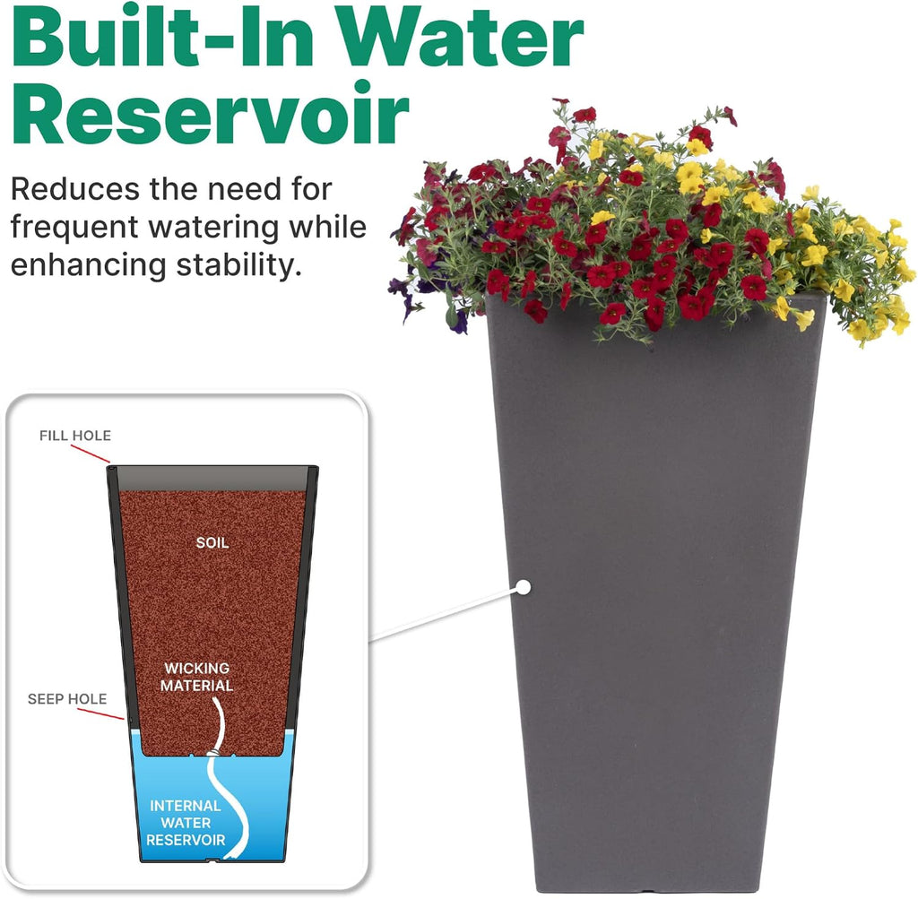 Step2 Tremont Tall Square Tapered Planter, 28' 2-Pack, Indoor/Outdoor Plants, Efficient Drainage, Durable Resin, Dark Cedar